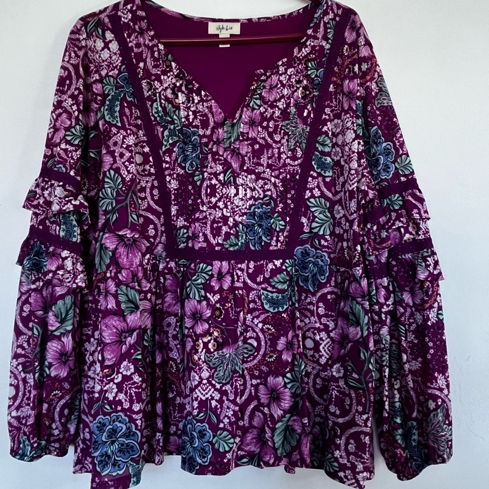 Style & Co. Purple Floral Peasant Blouse
